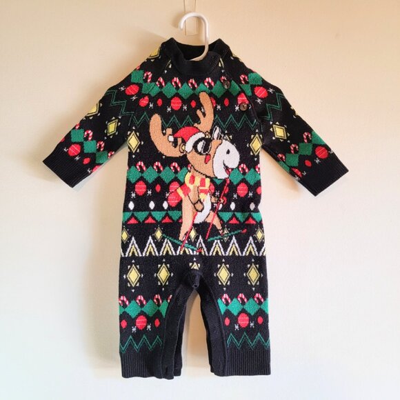 Baby Christmas Sweater | Reindeer Knit Pullover | Black | 0-6M - Picture 2 of 4